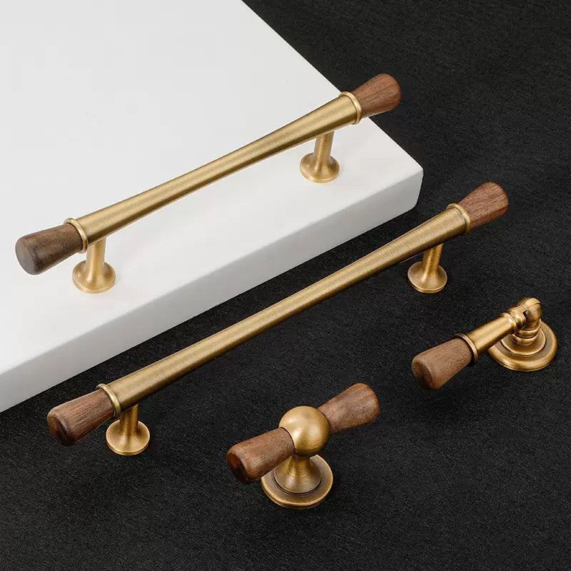 Walnut wood and brass japandi style kitchen cabinet pulls and knobs
