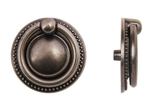 Drop Ring Drawer Pull with Backplate, Cabinet Knobs, Antique Pewter, 1.5" Diameter