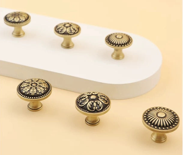 Antique Bronze Cabinet Knob, Floral Drawer Pull, Solid Brass, Embossed Pattern
