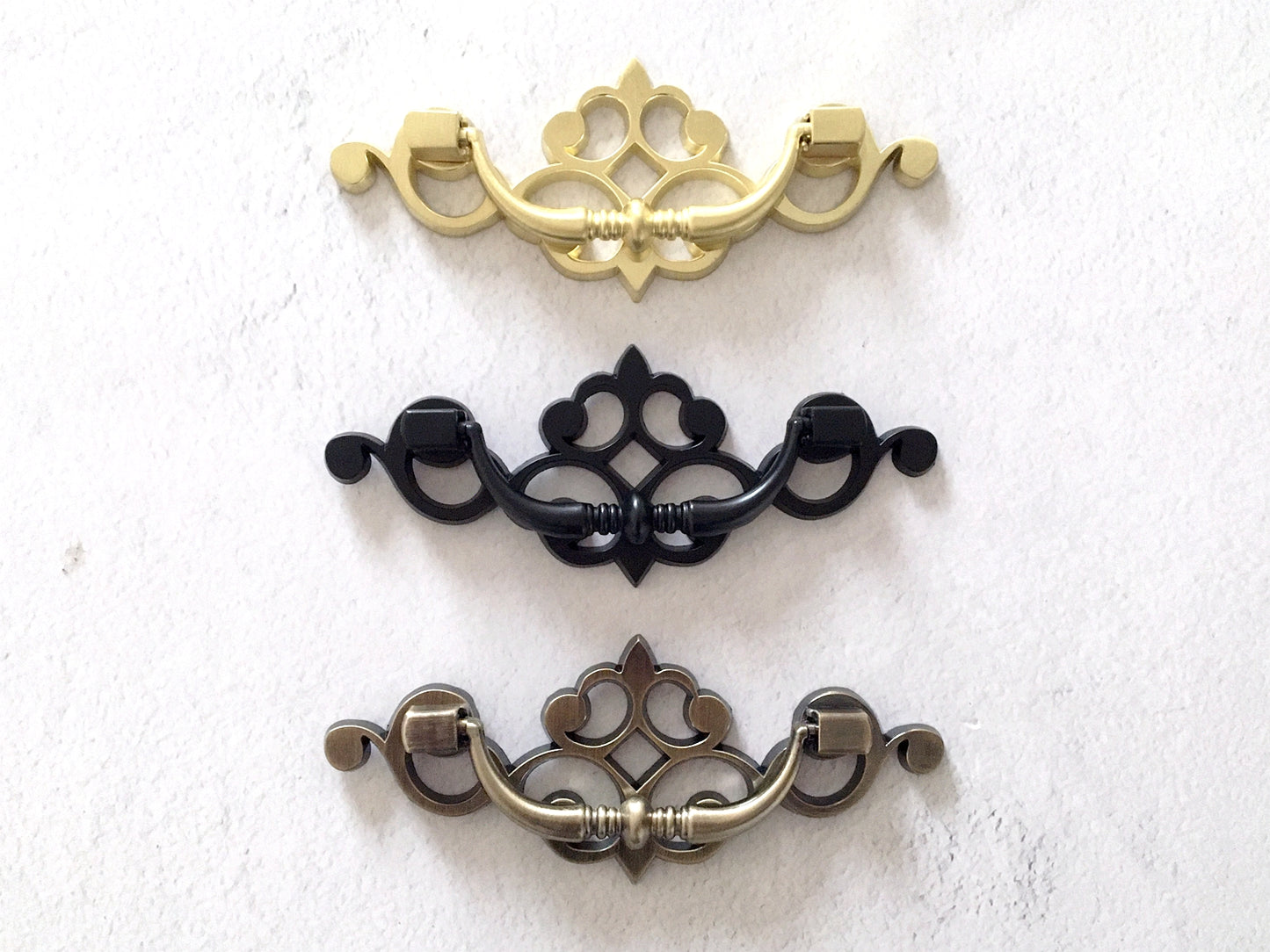 3.25" Drop Bail Drawer Pulls with Pierced Backplate, Gold, Black and Bronze