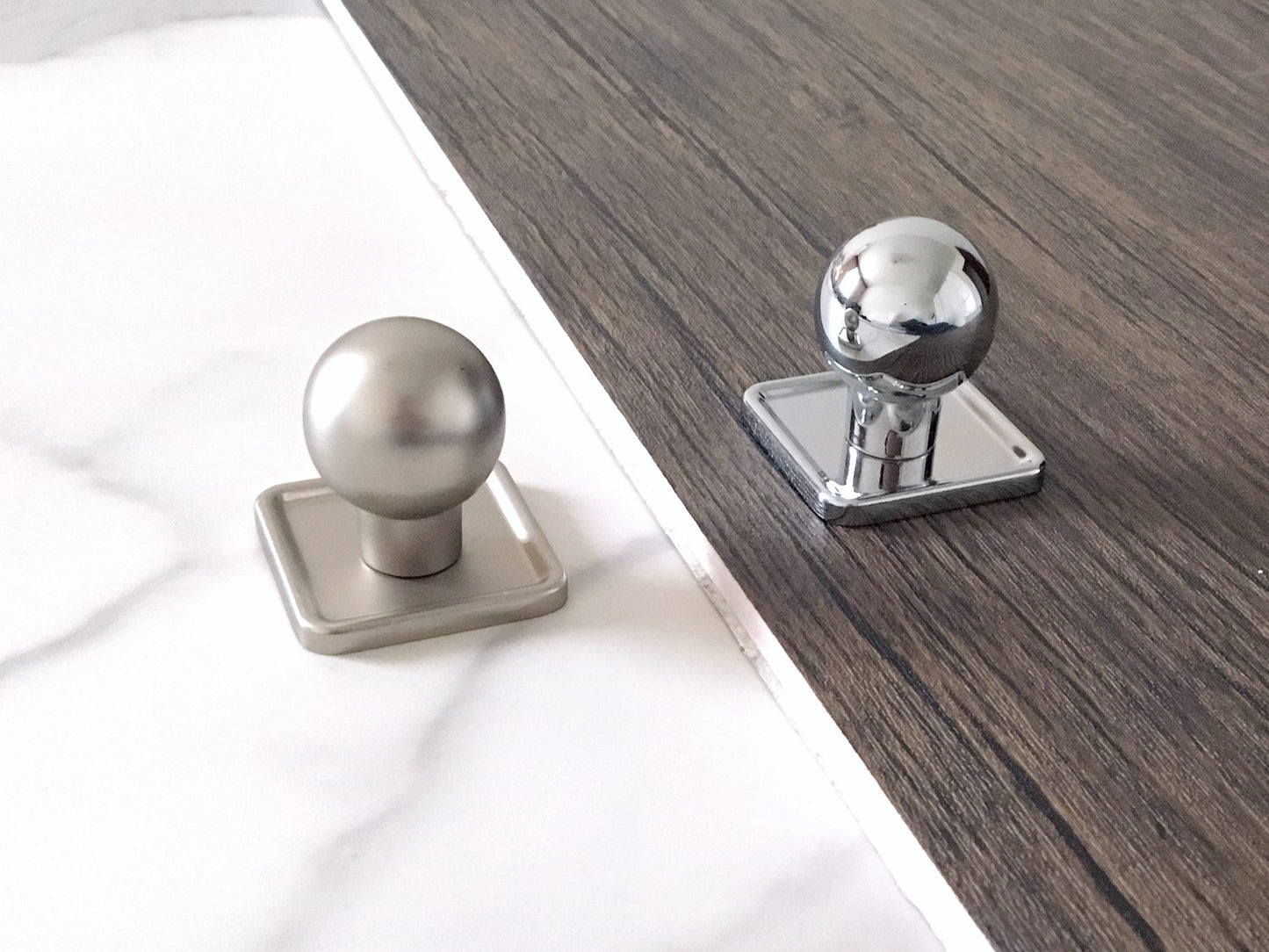 Drawer Ball Knob w. Square Plate, Sphere Cabinet Pull, Nickel Polished Chrome, Modern Kitchen Hardware