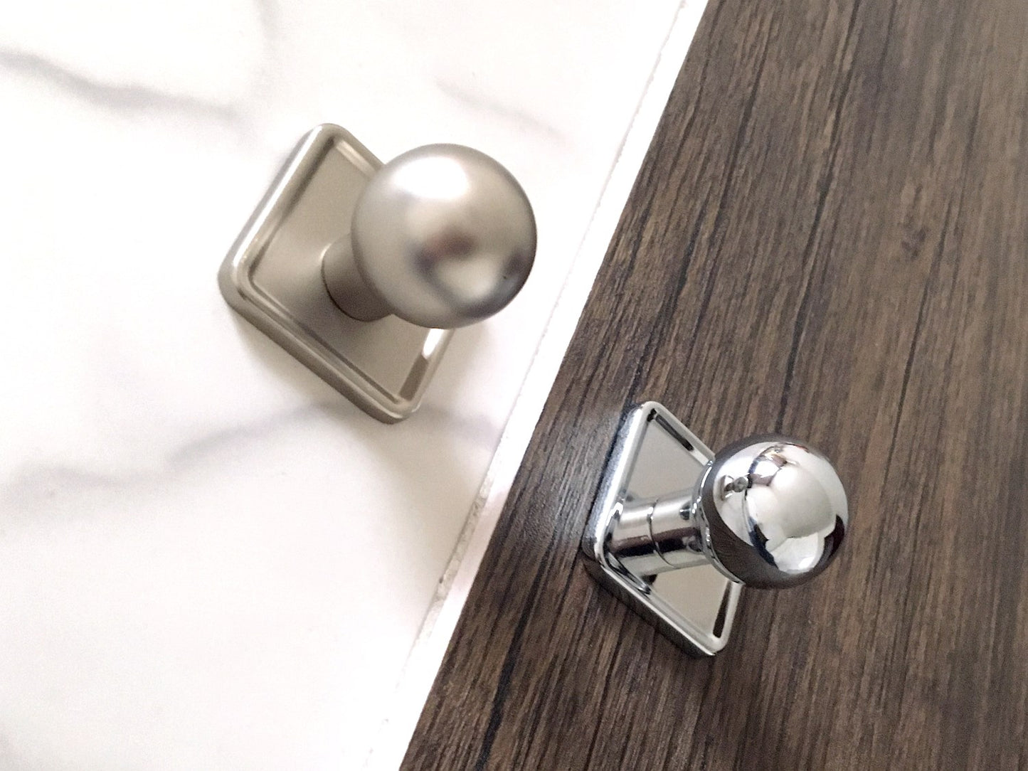 Drawer Ball Knob w. Square Plate, Sphere Cabinet Pull, Nickel Polished Chrome, Modern Kitchen Hardware