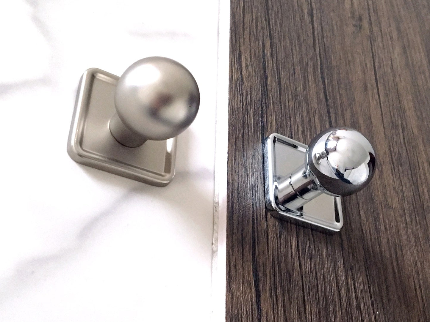 Drawer Ball Knob w. Square Plate, Sphere Cabinet Pull, Nickel Polished Chrome, Modern Kitchen Hardware