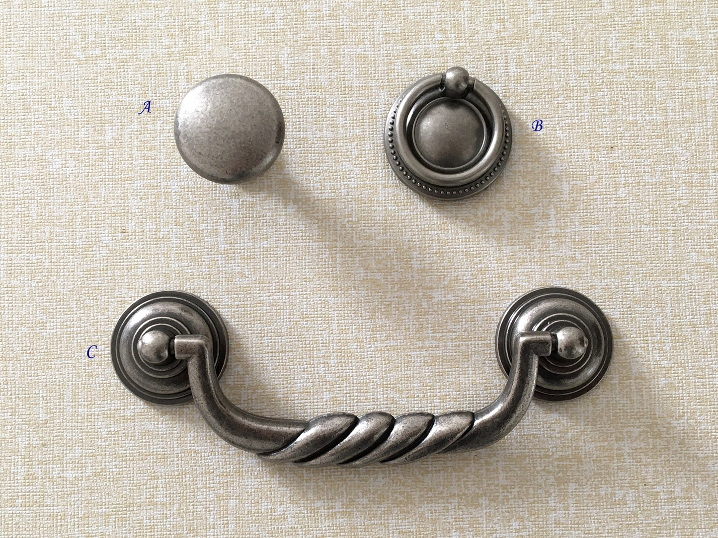 4.5" Bail Drawer Pull Handles, Antique Pewter, Round Knob and Drop Ring