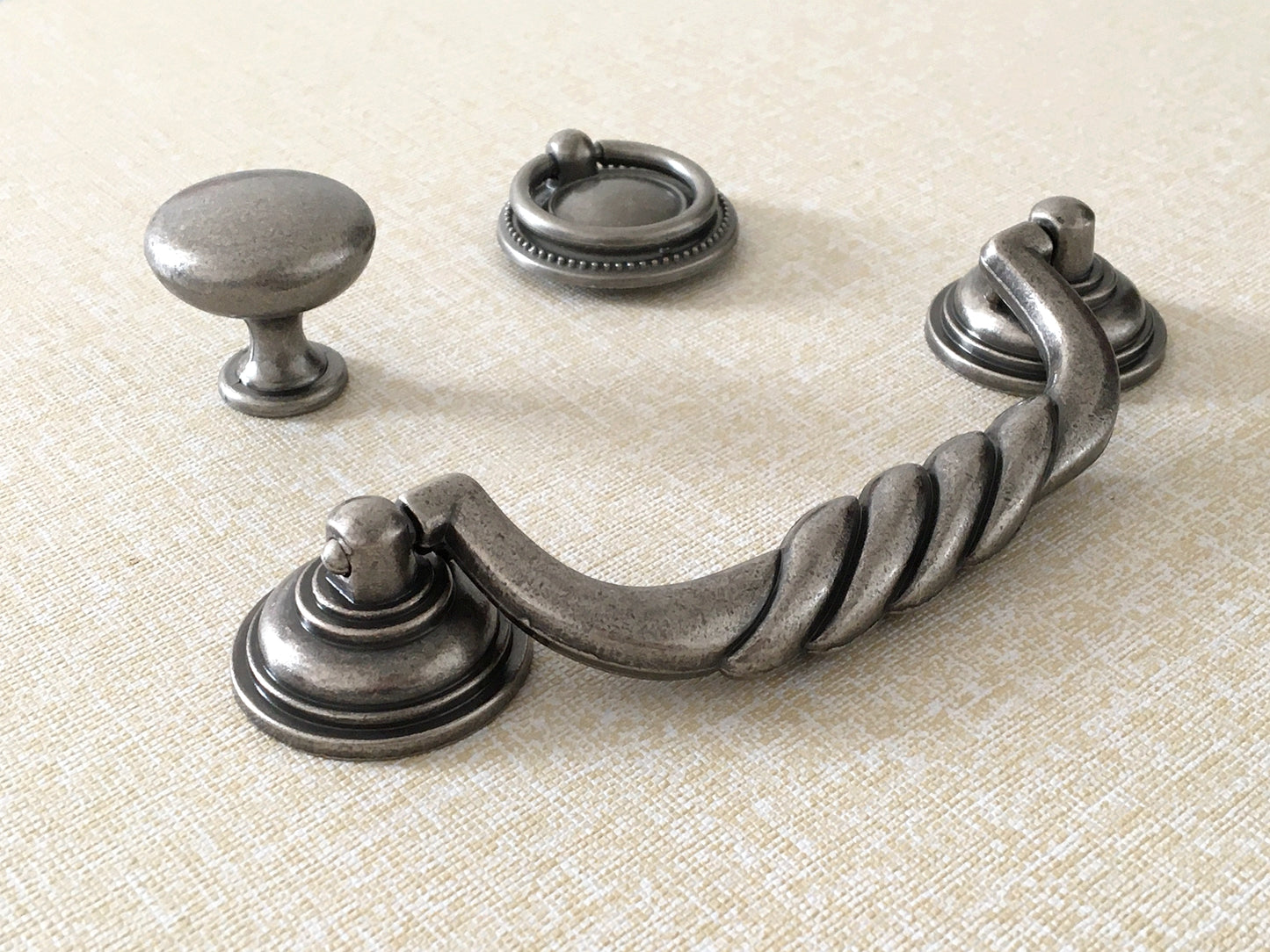 4.5" Bail Drawer Pull Handles, Antique Pewter, Round Knob and Drop Ring
