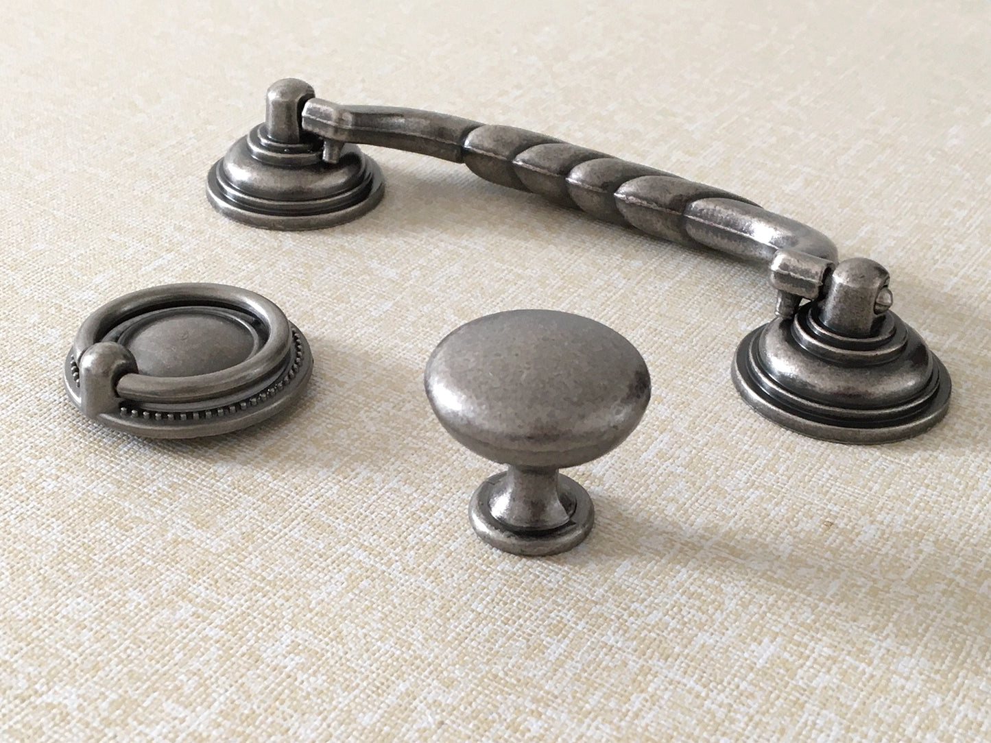 4.5" Bail Drawer Pull Handles, Antique Pewter, Round Knob and Drop Ring