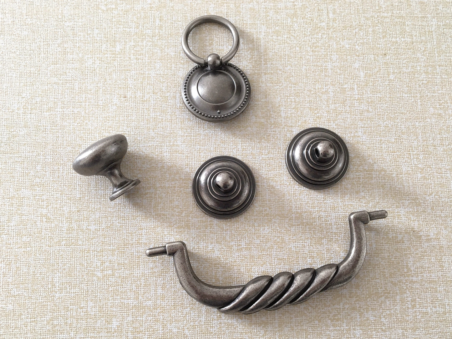 4.5" Bail Drawer Pull Handles, Antique Pewter, Round Knob and Drop Ring
