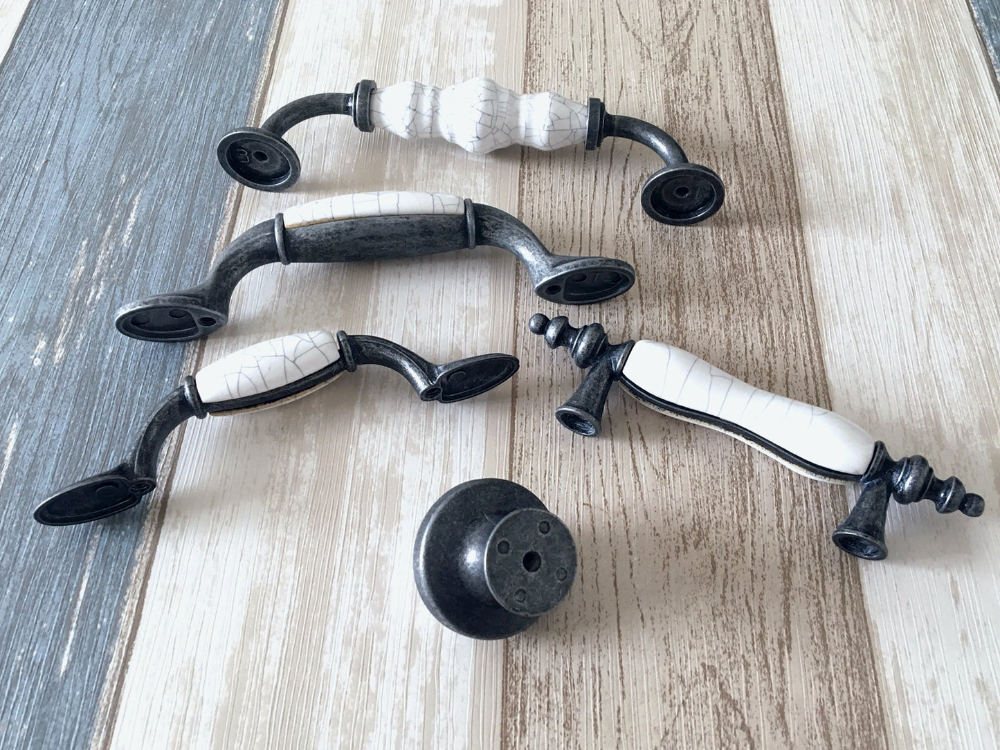 3" 3.75" 5" Drawer Pull Handles, White Crackle, Antique Pewter, 76 96 128 mm Centers
