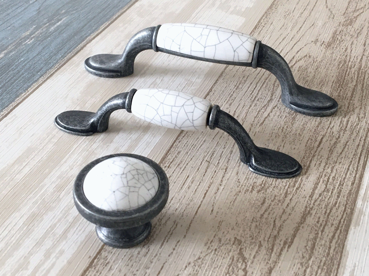 3" 3.75" 5" Drawer Pull Handles, White Crackle, Antique Pewter, 76 96 128 mm Centers