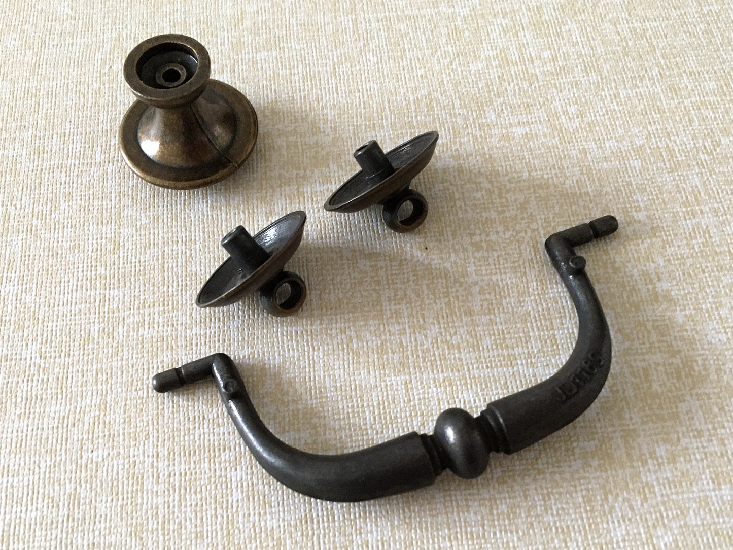 3.25" Centers Swing Bail Drawer Pull with matching knob, Antique Gold Brass, Farmhouse Style