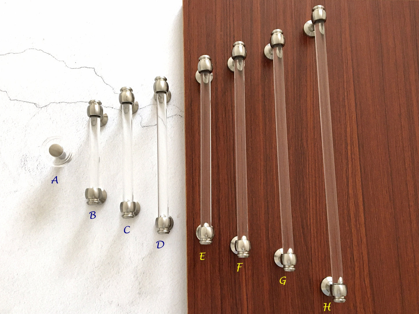 Acrylic Drawer Pulls, Lucite Cabinet Handles, Brushed Nickel Clear, Kitchen Hardware