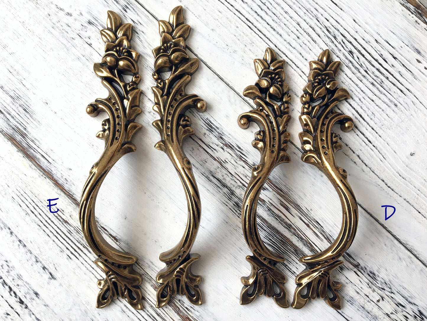 Antique Gold Brass Cabinet Door Handle, Leafy Drawer Pulls, French Provincial Vertical Hardware