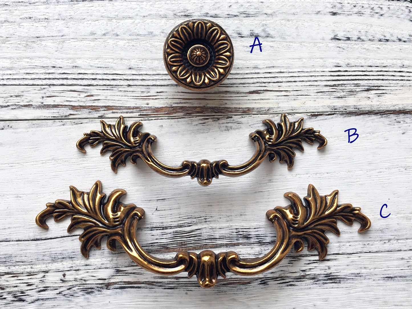 Antique Gold Brass Cabinet Door Handle, Leafy Drawer Pulls, French Provincial Vertical Hardware