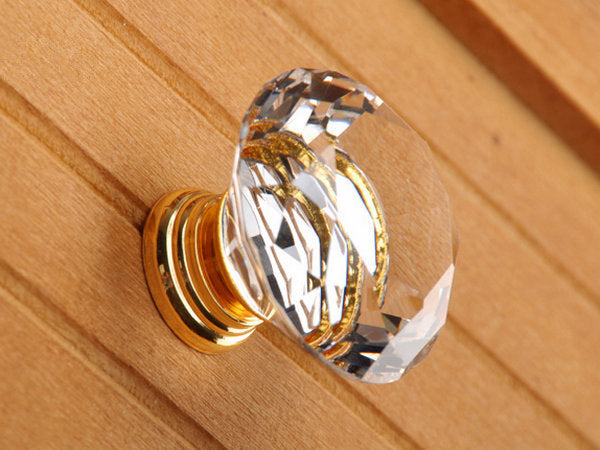 Glass Drawer Knob with Clear Polished Gold Base, Cabinet Door Pull, Kitchen Hardware