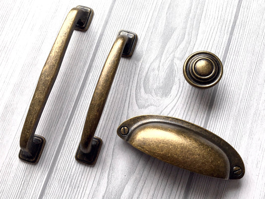 4" 5" Centers Antique Bronze Drawer Handle & 3.5" Cup Pull, Rustic Retro Kitchen Hardware