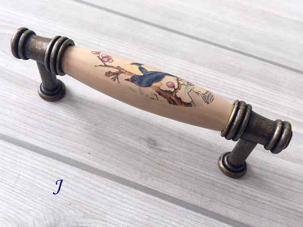 3" 3.75" 5" Flower Bird Porcelain Drawer Pulls Cabinet Handle, Tan Bronze