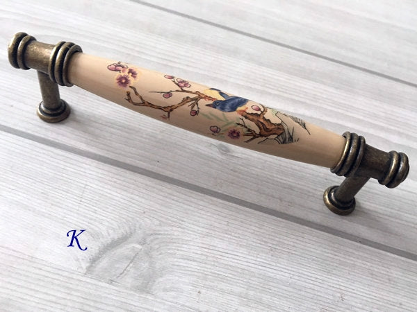 3" 3.75" 5" Flower Bird Porcelain Drawer Pulls Cabinet Handle, Tan Bronze