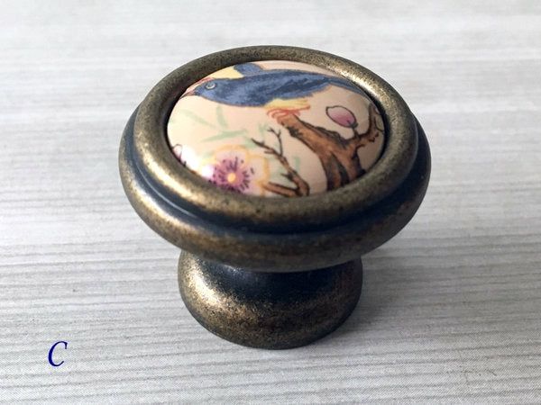 3" 3.75" 5" Flower Bird Porcelain Drawer Pulls Cabinet Handle, Tan Bronze