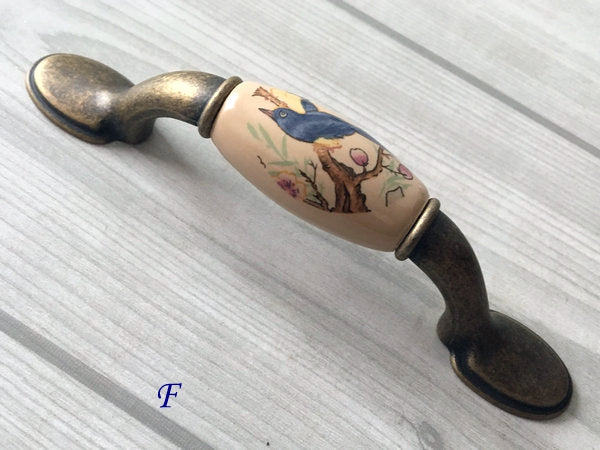 3" 3.75" 5" Flower Bird Porcelain Drawer Pulls Cabinet Handle, Tan Bronze