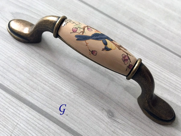 3" 3.75" 5" Flower Bird Porcelain Drawer Pulls Cabinet Handle, Tan Bronze