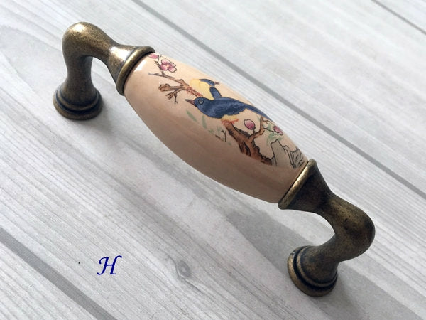 3" 3.75" 5" Flower Bird Porcelain Drawer Pulls Cabinet Handle, Tan Bronze
