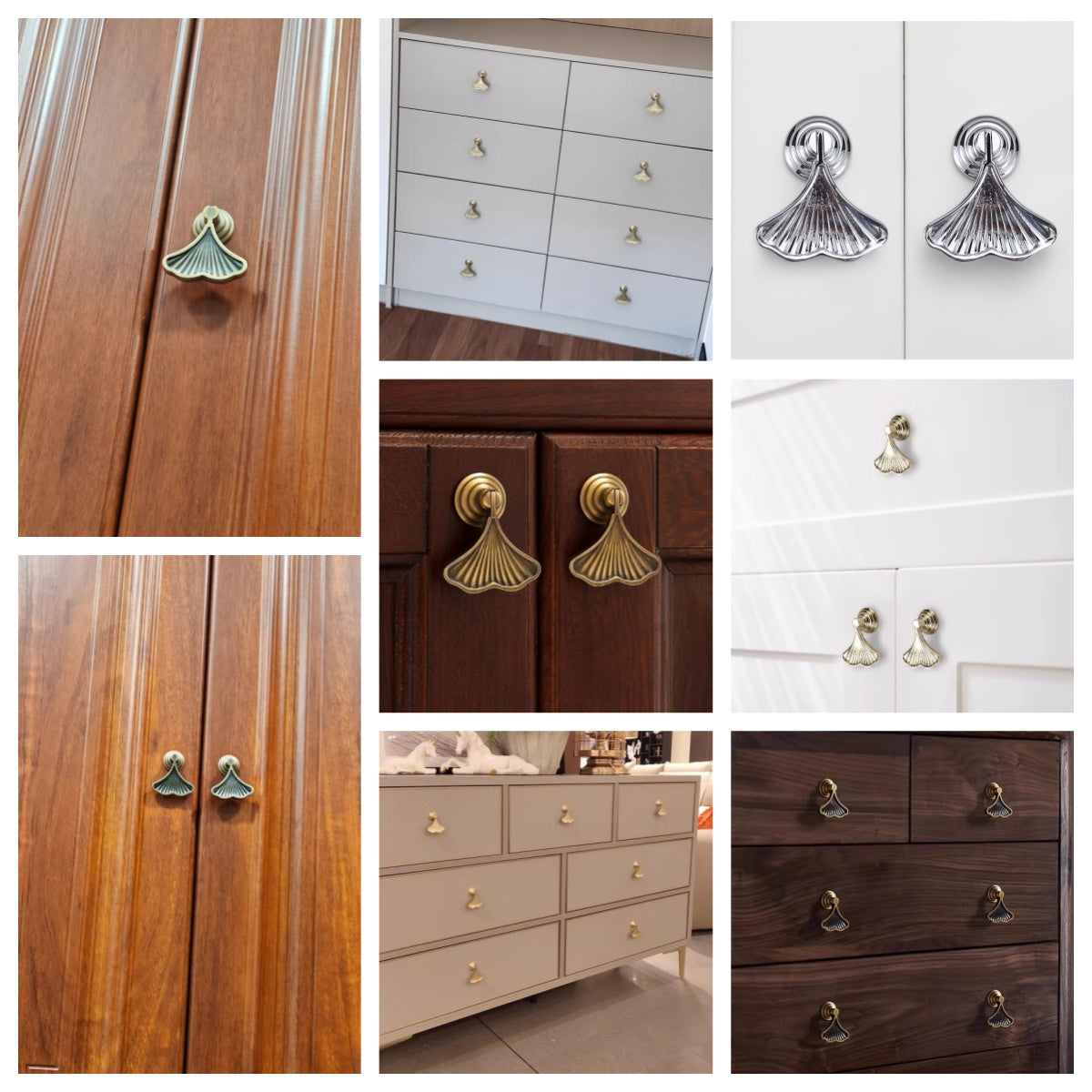 Ginkgo Leaf Drop Drawer Pulls, Solid Brass Pendant Cabinet Knobs, Nickel Gold Chrome Antique Brass