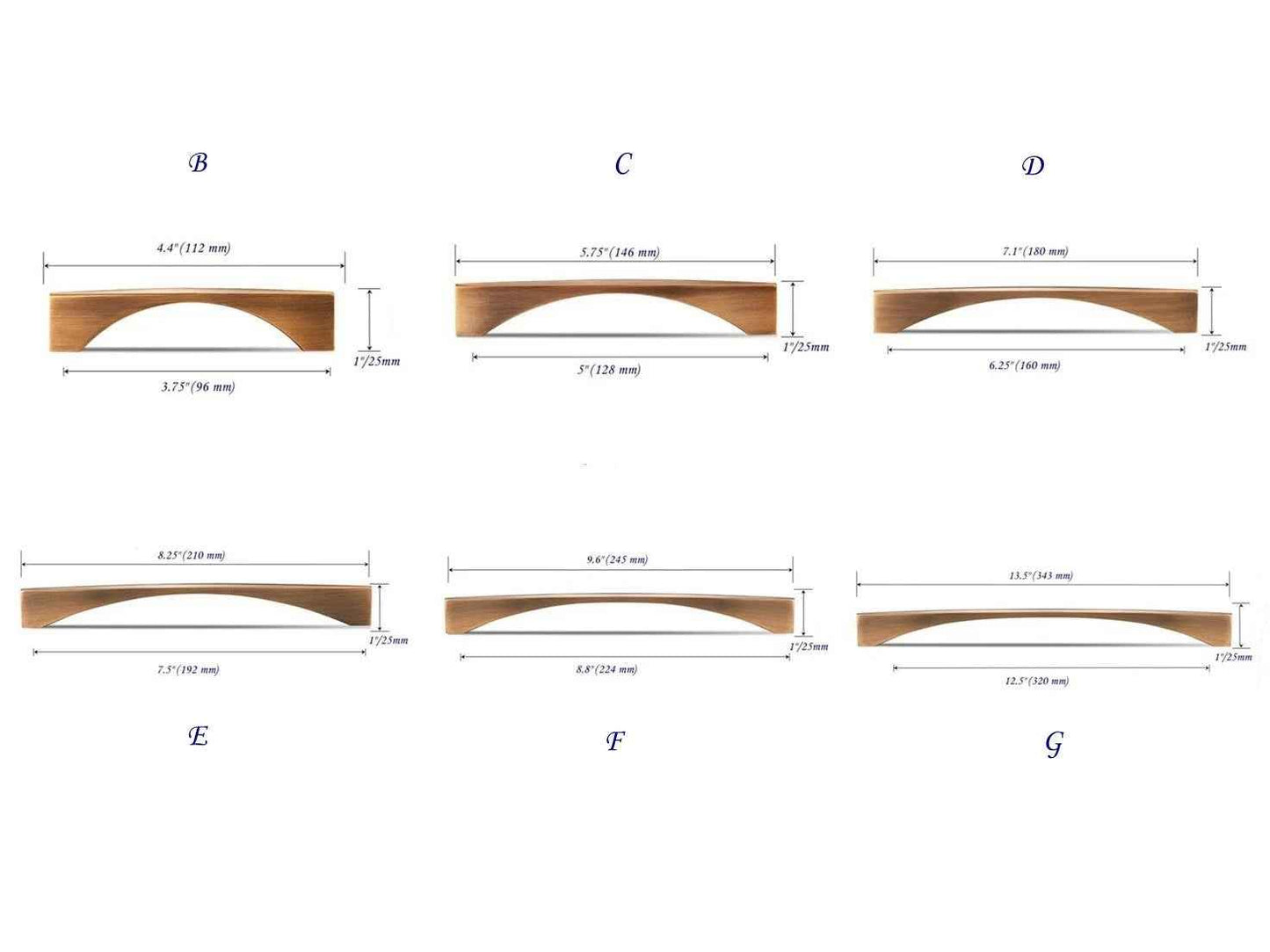 Mid Century Modern Antique Brass Cabinet Pulls - 3.75" to 12.5"