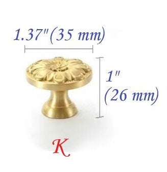 Brass Flower Patterned Knobs, Floral Drawer Pulls, Brushed Gold, Kitchen Cabinet Hardware