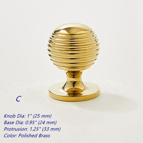 Polished Brass Ball Cabinet Knob, Gold Beehive Drawer Pull, Kitchen Hardware