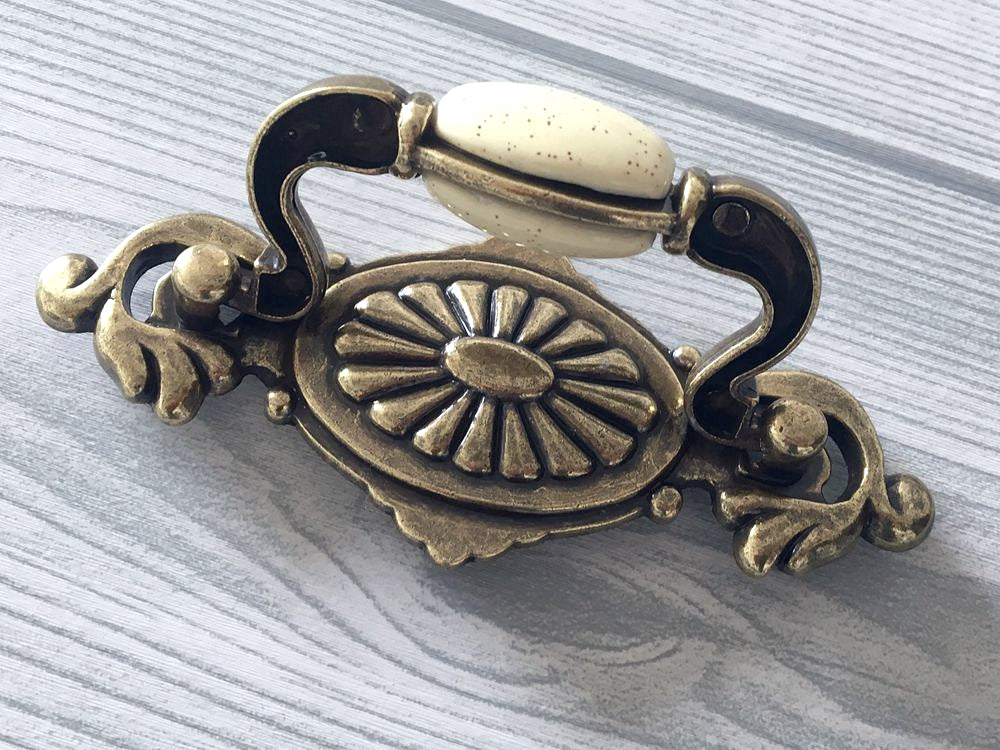 2-1/4" Drop Bail Dresser Pull, Swing Drawer Handle, Ceramic Knob, Ivory Cream Antique Bronze