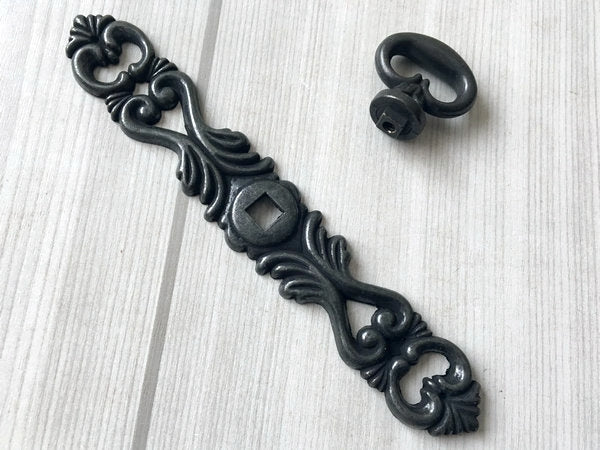 Vintage Look Antique Black Ring Drawer Pull with Backplate