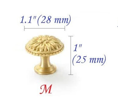 Brass Flower Patterned Knobs, Floral Drawer Pulls, Brushed Gold, Kitchen Cabinet Hardware