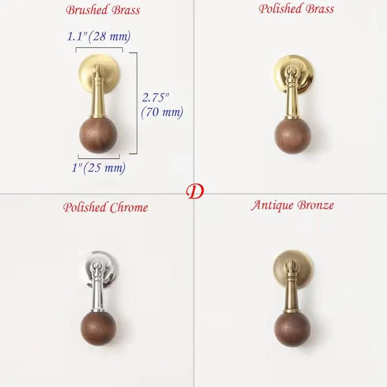 Walnut Brass Cabinet Knob, Pendant Wooden Drawer Pull, Oriental Retro Kitchen Hardware