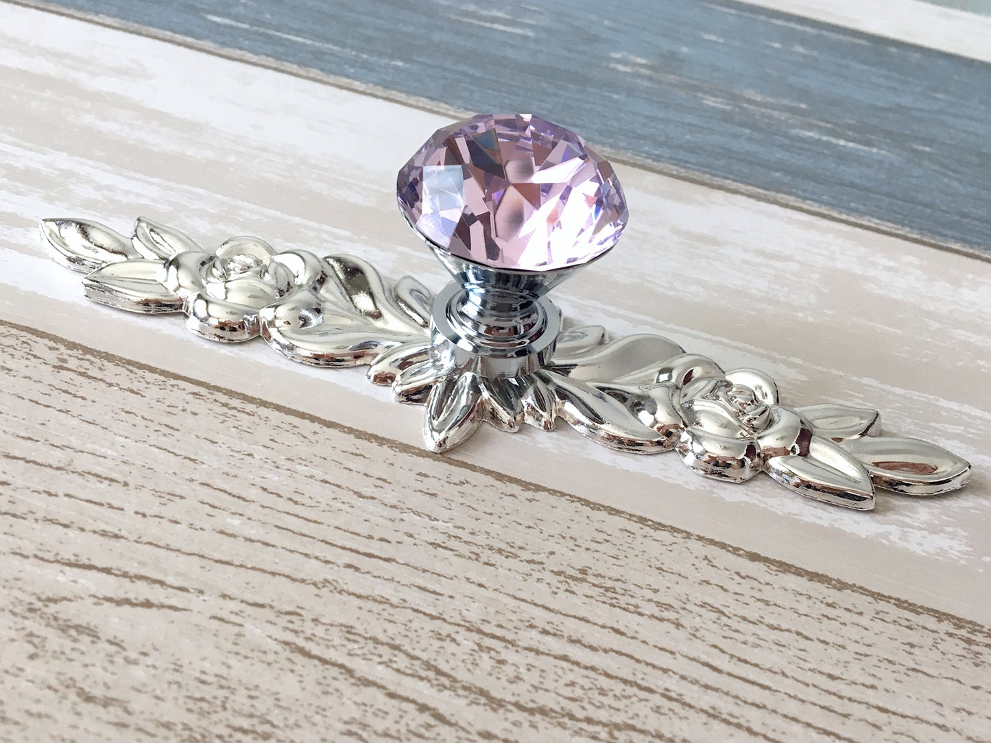 Pink Glass Drawer Knob with Floral Backplate, Polished Silver