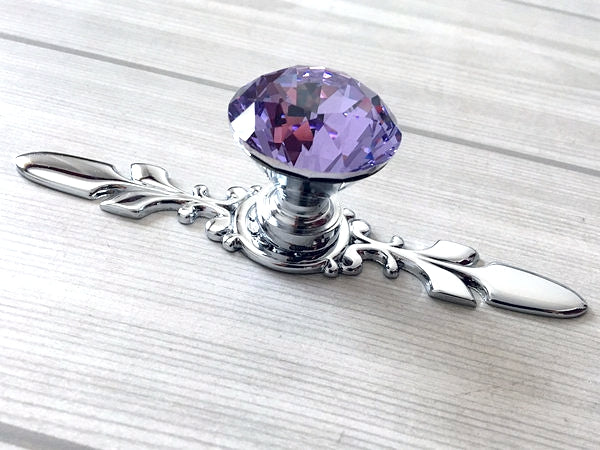 Purple Glass Drawer Knobs with Backplate, Lila Crystal Cabinet Hardware