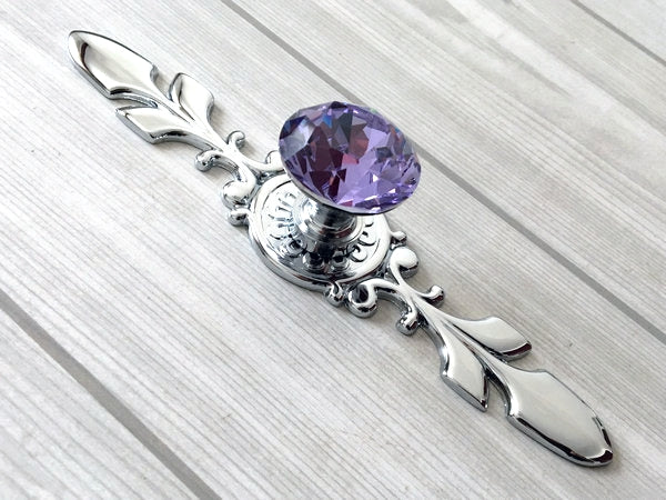 Purple Glass Drawer Knobs with Backplate, Lila Crystal Cabinet Hardware
