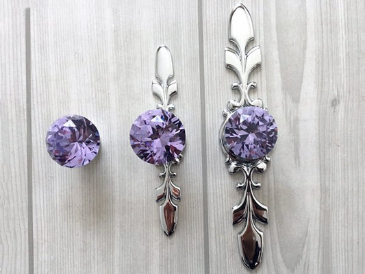 Purple Glass Drawer Knobs with Backplate, Lila Crystal Cabinet Hardware