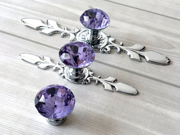 Purple Glass Drawer Knobs with Backplate, Lila Crystal Cabinet Hardware