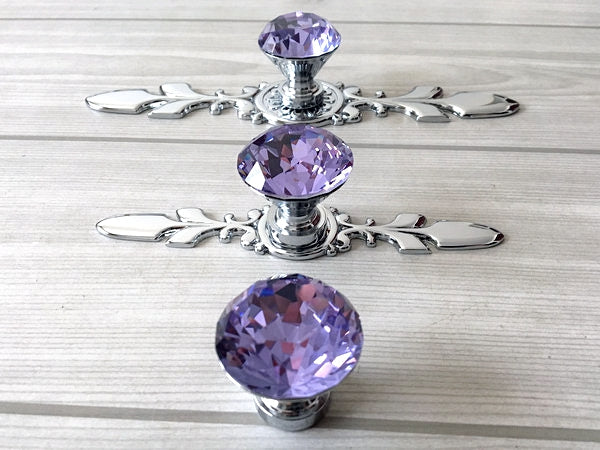Purple Glass Drawer Knobs with Backplate, Lila Crystal Cabinet Hardware
