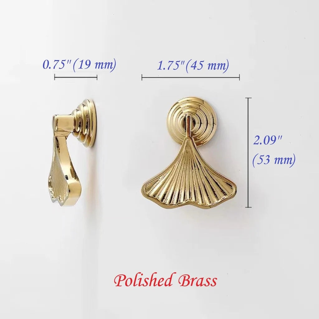 Ginkgo Leaf Drop Drawer Pulls, Solid Brass Pendant Cabinet Knobs, Nickel Gold Chrome Antique Brass