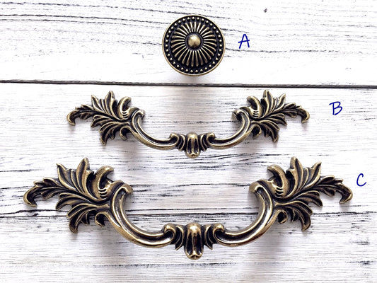 Antique Bronze Cabinet Door Handle, Leafy Drawer Pulls, French Provincial Vertical Hardware