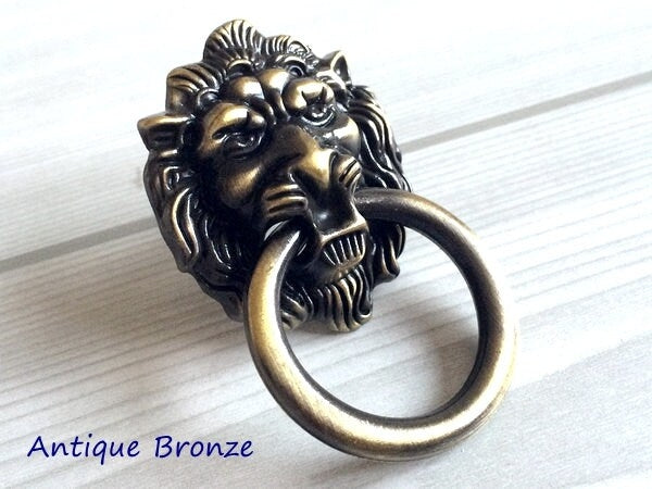 Lion Knob, Door Knocker, Lion Head Drop Ring Drawer Pull, Gold, Black, Bronze, Pewter, Silver