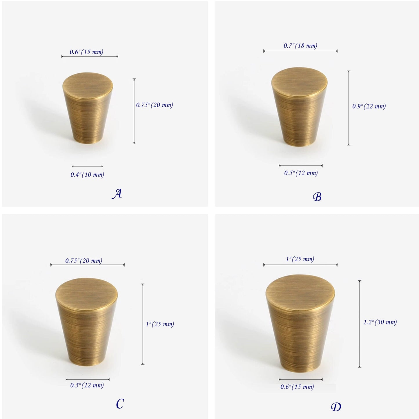 Tapered Brass Knob, Cone Drawer Pulls, Kitchen Hardware, Black Bronze Gold