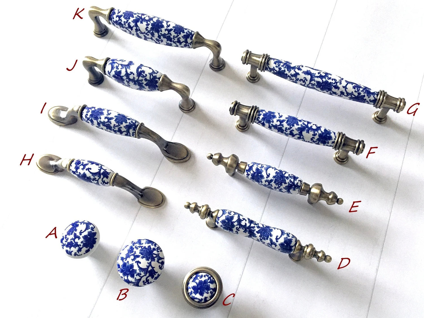 Poignées de tiroir en porcelaine bleu blanc, poignées de cuisine orientales, boutons chinoiserie