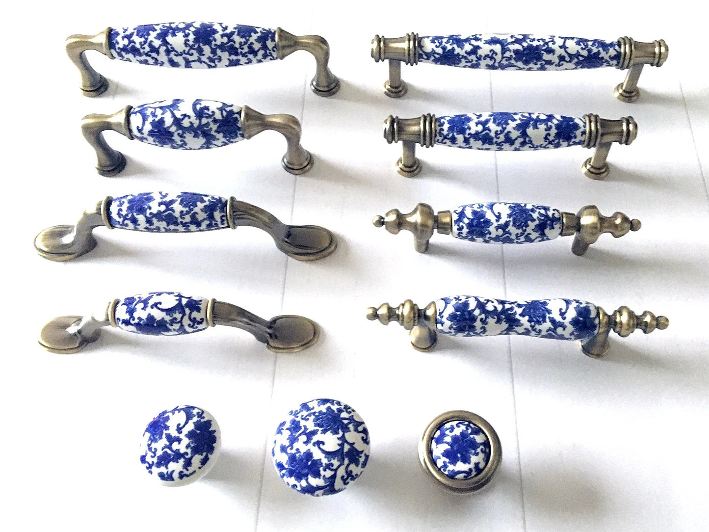 Poignées de tiroir en porcelaine bleu blanc, poignées de cuisine orientales, boutons chinoiserie
