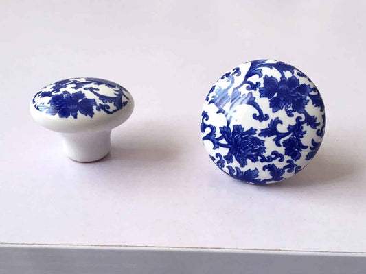 White Blue Floral Porcelain Cabinet Knob, Chinoiserie Oriental Kitchen Hardware