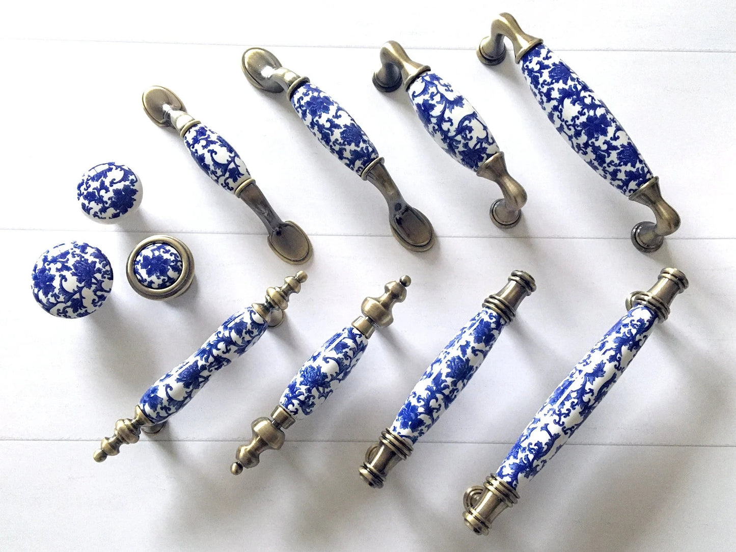 Poignées de tiroir en porcelaine bleu blanc, poignées de cuisine orientales, boutons chinoiserie