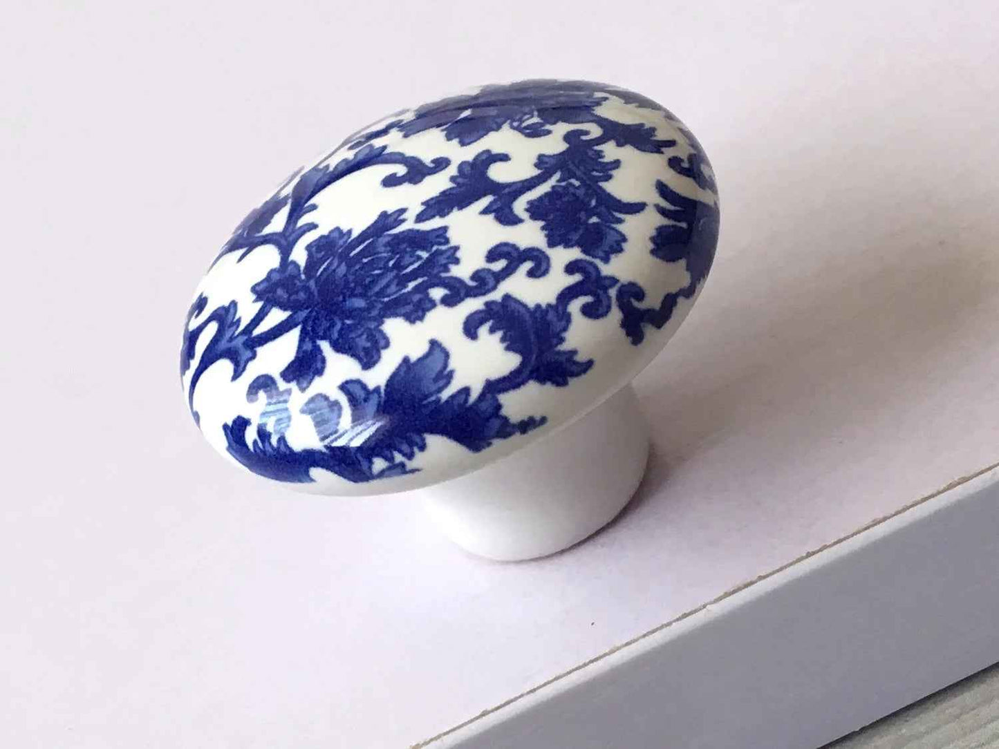 White Blue Floral Porcelain Cabinet Knob, Chinoiserie Oriental Kitchen Hardware