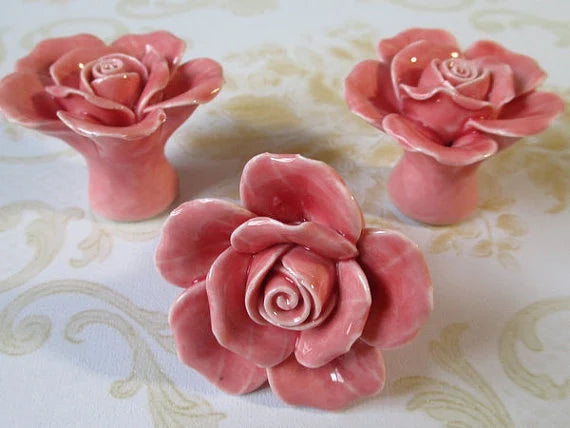 Pink Rose Drawer Pulls, Flower Knobs, Floral Kitchen Cabinet Hardware, Handmade