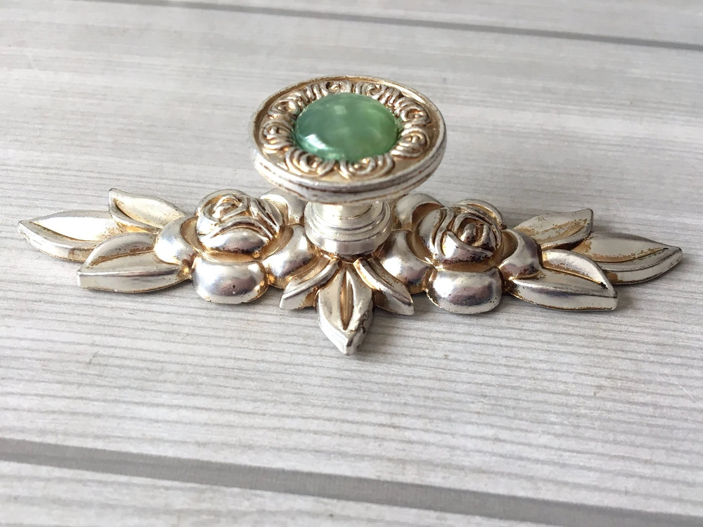 Shabby Chic Style Green Drawer Knobs with Antique Silver Backplate